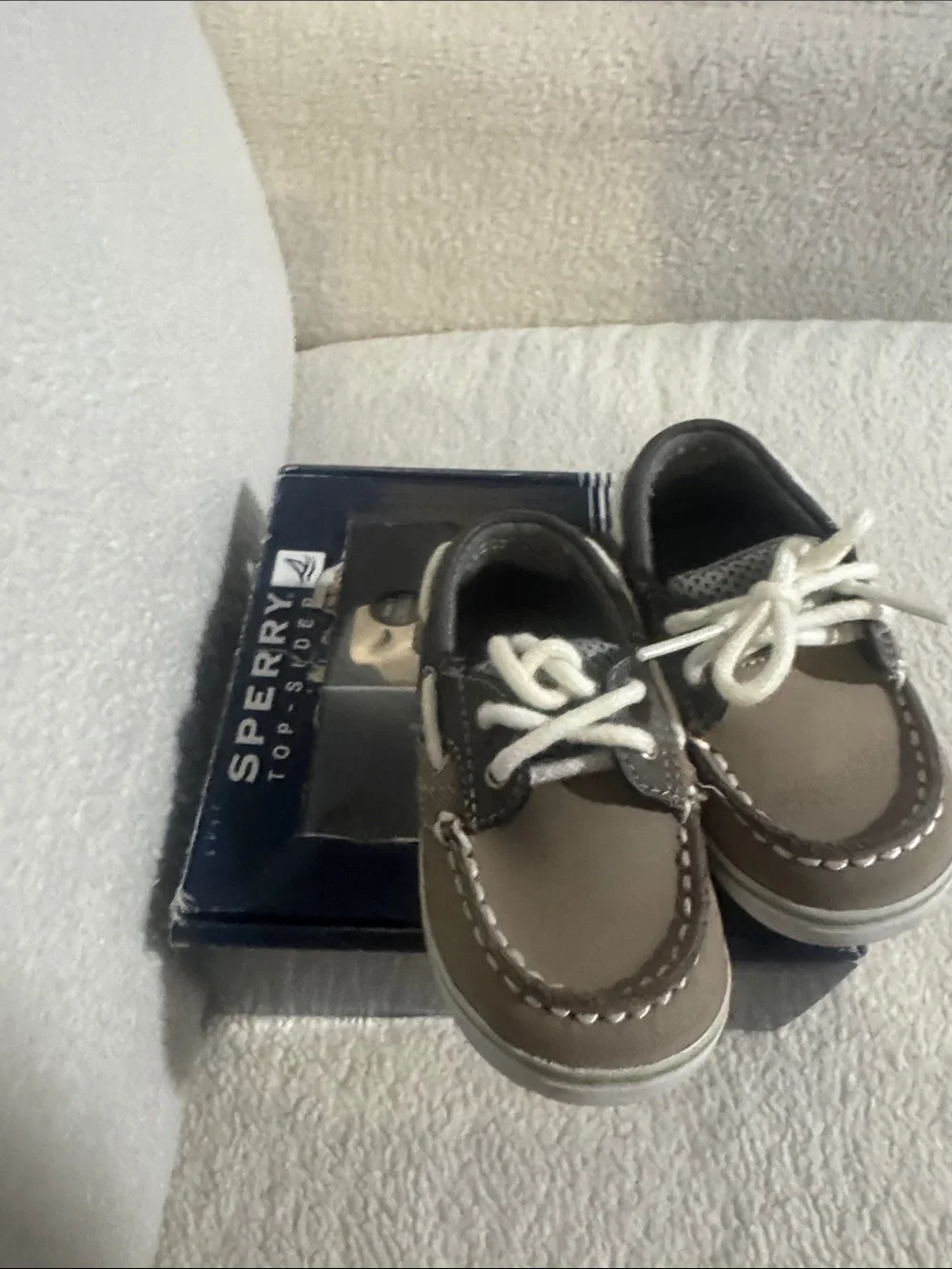 Sperry Grey & White Baby Boat Shoes with Green Accent